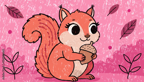 Cute cartoon squirrel holding acorn in pink background