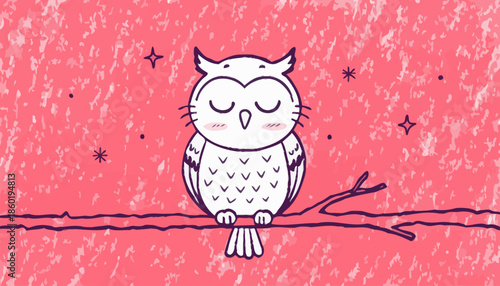 Cute white owl sitting peacefully on a tree branch