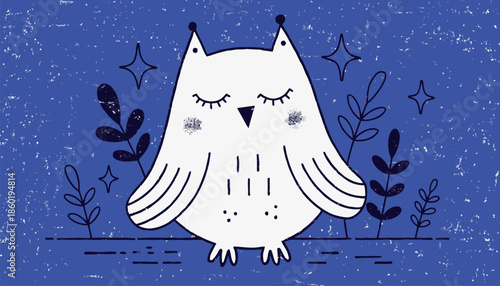 Sleepy white owl surrounded by plants and stars at night