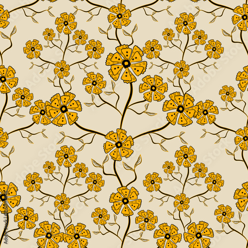 Seamless floral pattern in hint of yellow background  abstract flowers and muted  tones on Ideal for fabric, wallpaper, packaging, and creative decorative .
