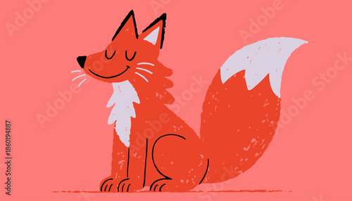 Smiling cartoon fox with white tail and fluffy fur on pink background