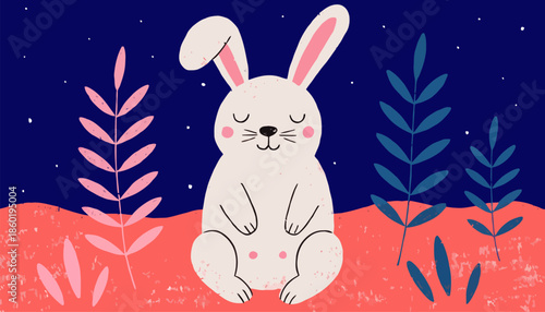 Cute bunny meditating peacefully under starry night sky