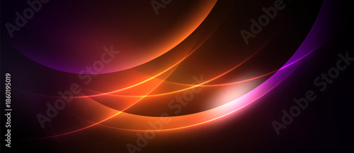 Abstract design features vibrant curves, gradients. Orange, purple hues dominate dark background. Dynamic, flowing shapes create visual interest.