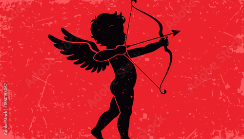 Cupid silhouette with bow and arrow on red background