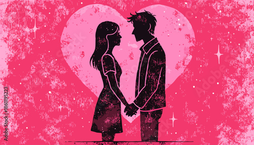 Romantic couple holding hands in front of pink heart background