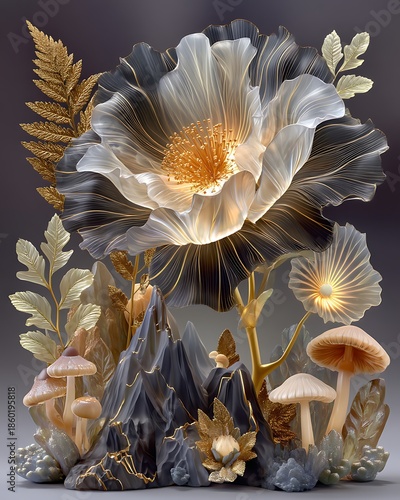 Magical floral fantasy scene with glowing golden leaves high resolution picture