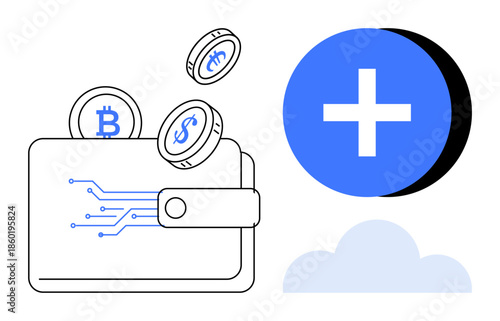 Cryptocurrency concept. Cryptocurrency coins with a digital wallet, connecting financial transactions and cloud technology. Cryptocurrency enhancing secure payments and decentralized finance