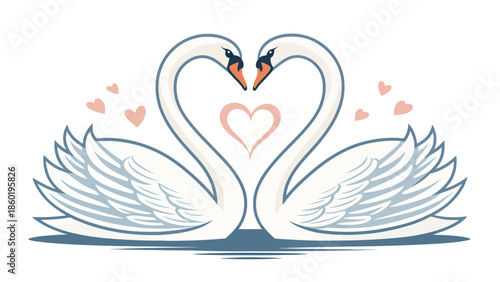 Loving swans forming heart shape with necks and wings spread
