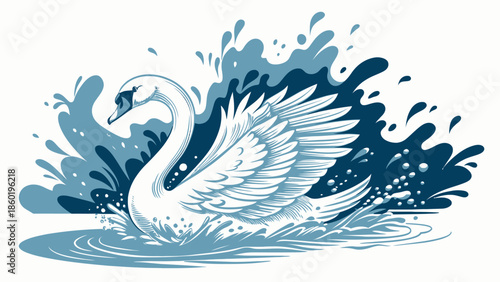 Majestic swan emerges from dynamic blue water splashes