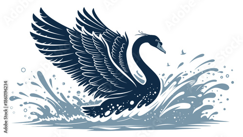 Dramatic swan emerging from water with wings spread wide