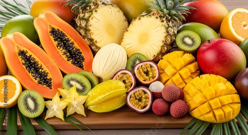 Vibrant assortment of tropical fruits on a wooden board