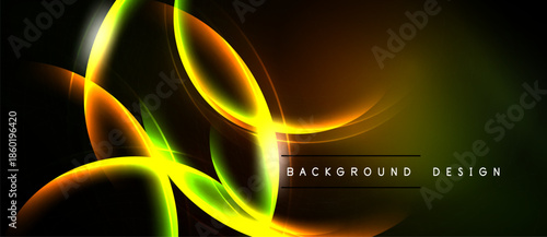 Abstract design features vibrant glowing curves. Yellow, orange, green hues blend against dark background. Modern, dynamic composition.