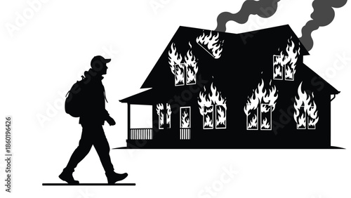 Silhouette of a person with a backpack walking away from a burning house illustrating concepts of disaster loss insurance claim or emergency evacuation