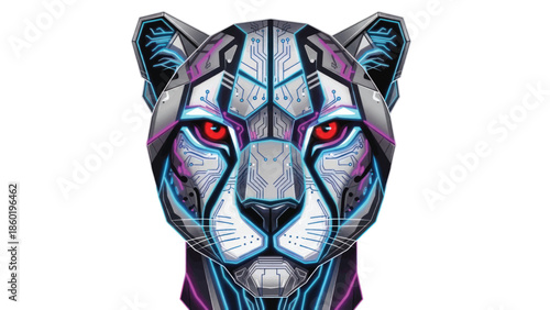 Vibrant geometric tiger head portrait with colorful abstract design.