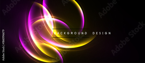 Abstract design features vibrant purple, gold swirls. Dark background enhances luminosity, creating dynamic visual effect. Modern, elegant presentation.