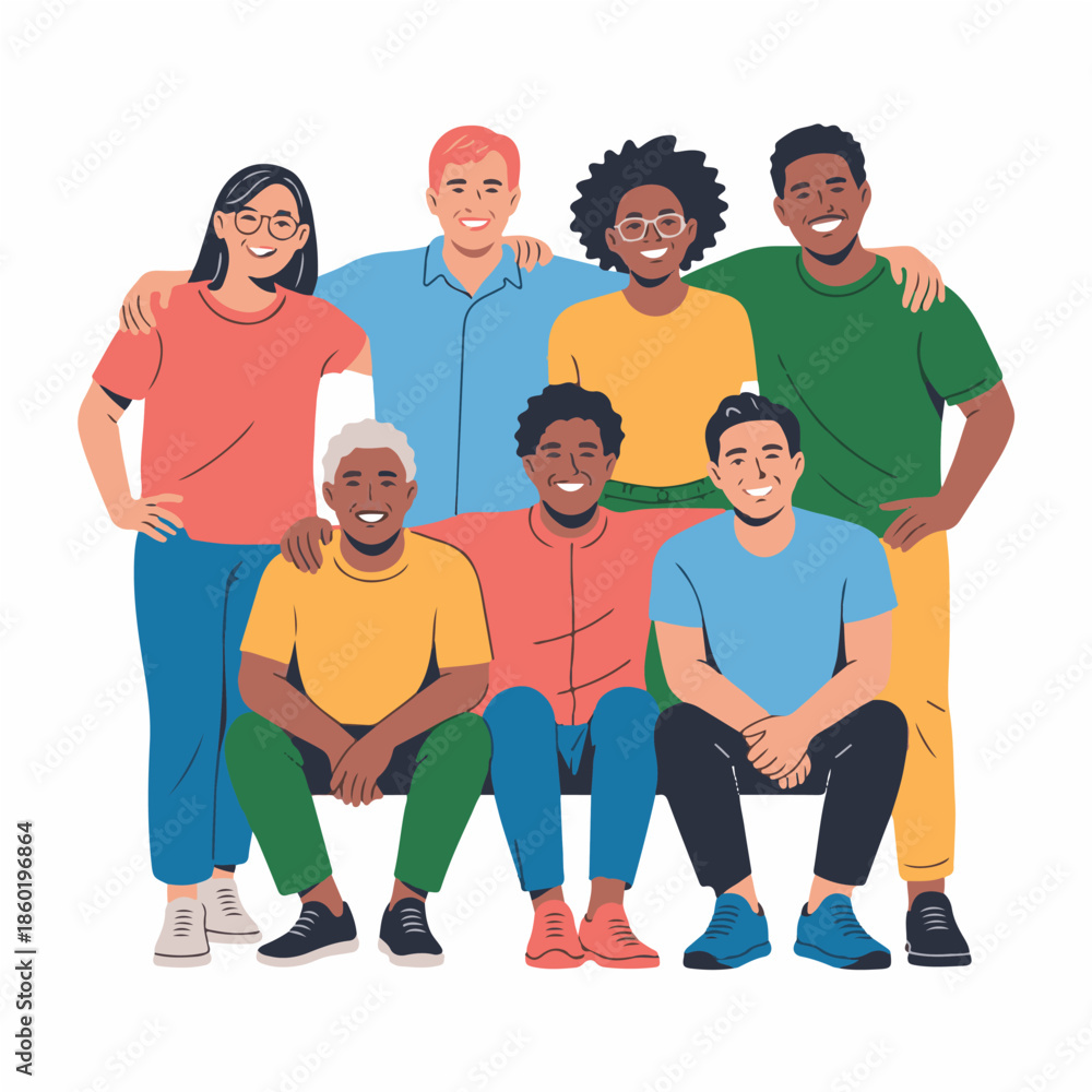 Obraz premium Diverse Group of Happy People Standing Together – Community, Inclusion and Teamwork Concept Vector