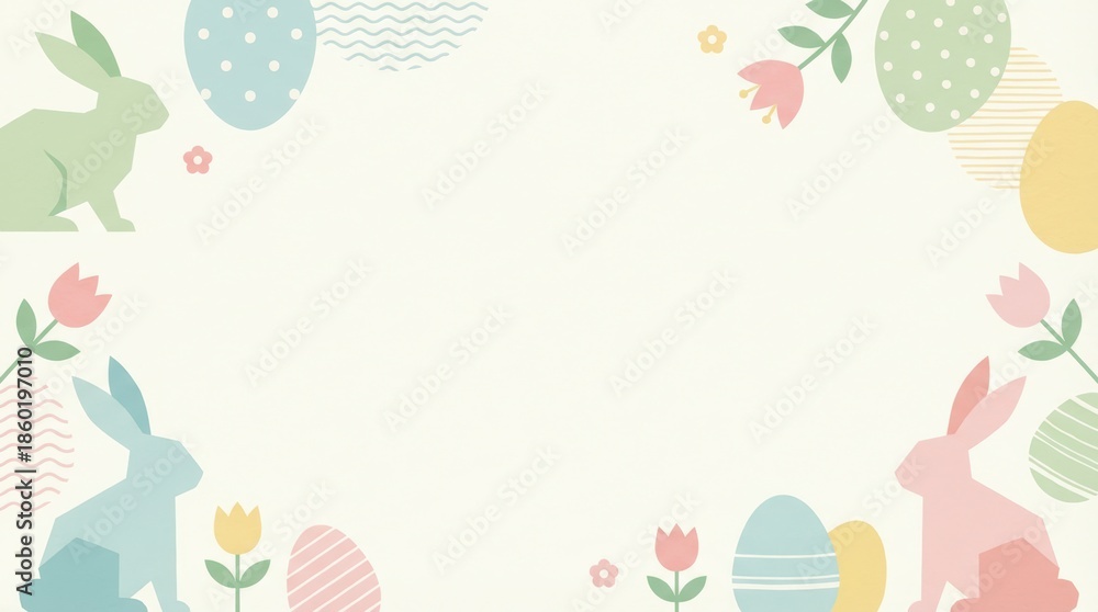 Obraz premium Easter celebration with colorful eggs and bunnies festive background digital illustration spring theme cheerful viewpoint fun concept for family gatherings and seasonal decor