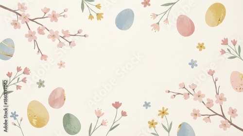 Spring celebration of colorful easter eggs and blossoming flowers vibrant garden digital artwork whimsical design bird's eye view seasonal festivity
