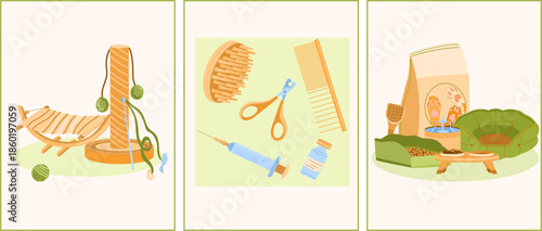 Charming set of three pet postcards showcases essential items for cat care. Each mini scene reflects a different aspect of caring for a beloved pet. 