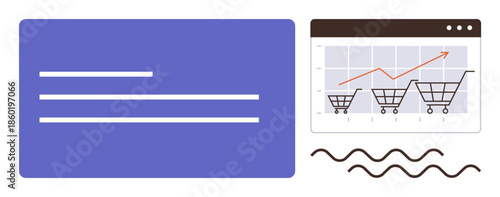 Shopping cart icons ascending along a rising line graph, abstract panel with text lines, wavy lines below. Ideal for business, marketing, retail, sales, e-commerce analytics growth. Simple flat