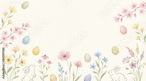 Easter celebration with bunnies and colorful flowers spring garden illustration whimsical aesthetic joyful atmosphere