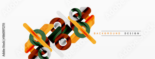 Abstract geometric shapes overlap, creating dynamic visual effect. Orange, gray, dark green colors dominate composition. Modern design element.