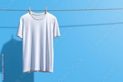 Isolated white t-shirt on clothesline against blue, high detail, no grain. Hyper-realistic professional photography with cinematic light. Brand material, wellness blog, art project visual.