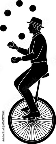 Silhouette of skilled circus juggler performing multiple ball juggling while riding a unicycle, detailed black vector illustration for entertainment, balance, motion, 