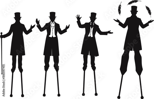 Silhouette stilt walkers performing circus poses with vintage costumes and juggling feathers, showcasing balance, entertainment artistry, 