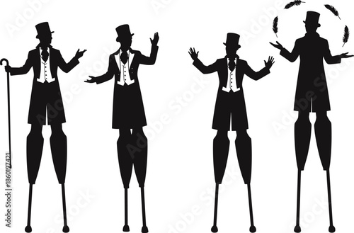 Silhouette stilt walkers performing elegant circus poses and juggling feathers, showcasing vintage entertainment style, balance, coordination, and theatrical character in detailed vector illustration