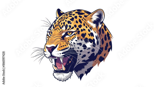 Close-up portrait of a roaring jaguar head with spotted fur and open jaws.