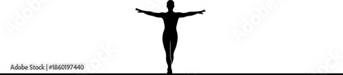 Silhouette tightrope performer balancing calmly on a straight wire, demonstrating stability, control, precision, and focus in a minimalist vector illustration suitable for creative design projects