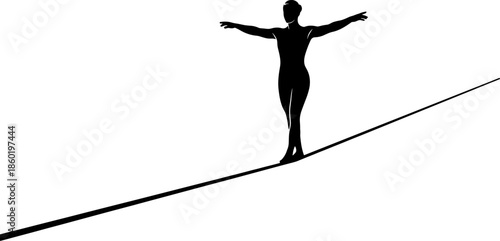 Silhouette tightrope walker balancing gracefully on a high wire, demonstrating focus, stability, coordination, and control in a minimalist vector illustration for creative design projects