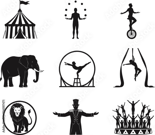Silhouette vector collection of circus performers, animals, acrobats, jugglers, and big top elements showcasing classic entertainment acts in a dynamic artistic illustration
