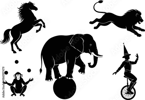 Silhouette vector illustration of circus animals and performer featuring elephant balancing on ball, juggling monkey, rearing horse, leaping lion, and unicyclist entertainer