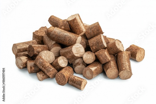 Pile of wood and biomass briquettes isolated on a white background.