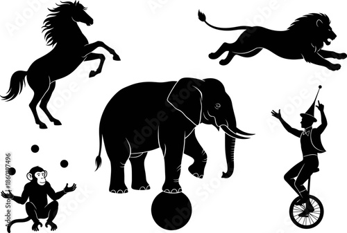 Silhouette vector illustration of circus animals and performer featuring elephant balancing, monkey juggling, rearing horse, leaping lion, and unicyclist entertainer in dynamic composition