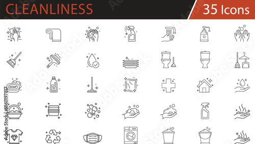 Hygiene, cleaning, and sanitation icons set featuring handwashing, disinfection, laundry, and eco-friendly practices for public health campaigns, home care guides, and environmental awareness 