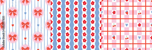 Coquette seamless pattern set with polka dot bows, red flowers stripes, pink gingham checks, hearts, cherry, and strawberry. Perfect for fabric, stationery, wrapping paper, Valentine designs.