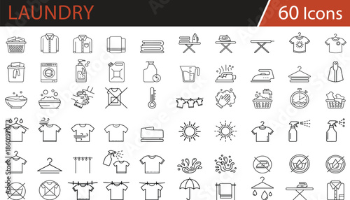 Laundry, cleaning, and garment care icons set featuring washing machines, detergents, ironing, drying, and fabric symbols for household guides, detergent packaging, app interfaces, and home
