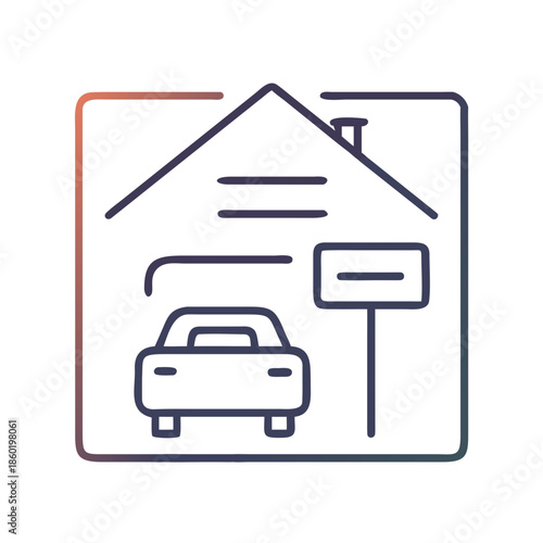 Garage icon with car and parking sign in simple line style  