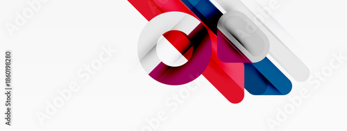 Abstract shapes overlap, creating dynamic composition. Red, white, blue hues dominate minimalist design. Modern aesthetic.