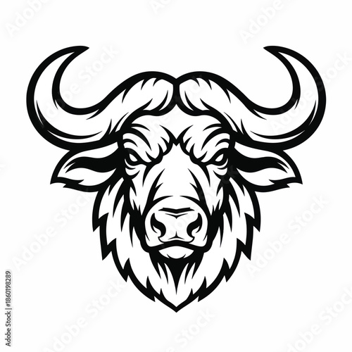 Monochrome illustrated bull head emblem featuring curled horns and bold fur detail for branding or artwork.