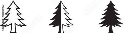 Vector set of black fir tree silhouettes, editable EPS, nature and forest illustration.