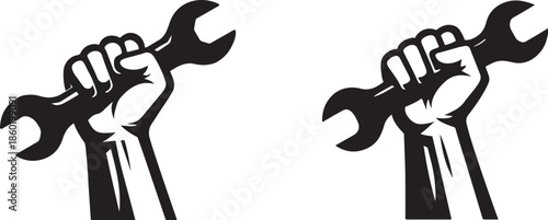 Clenched fist holding large wrench labor icon in bold silhouette vector style, editable EPS.