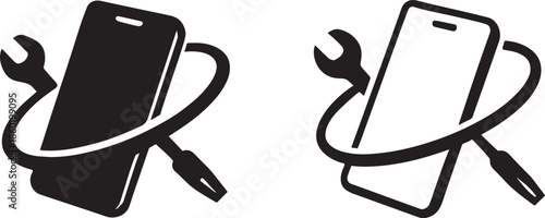 Abstract mobile phone repair service logo in clean silhouette vector style, editable EPS.