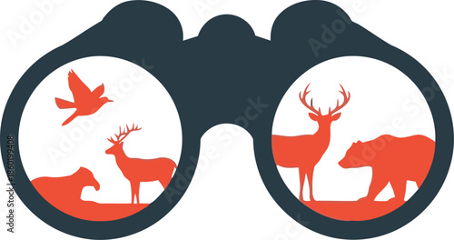 Wildlife Observation Binoculars Icon with Deer Bear Bird Silhouette for Nature Watching
