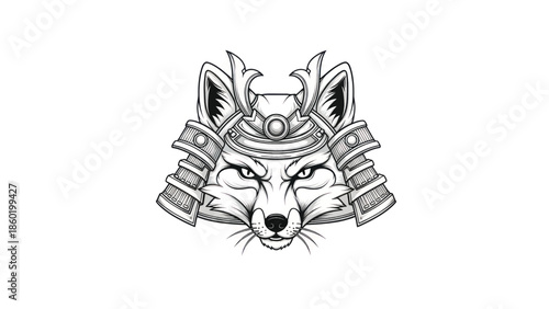 Illustration of a samurai cat wearing traditional helmet and armor.