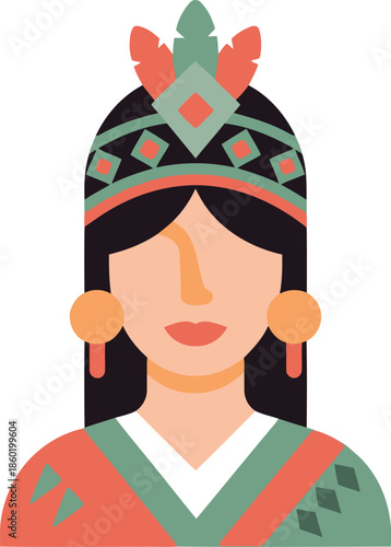 Colorful Inca Woman Portrait Vector Illustration with Traditional Headdress and Ethnic Attire