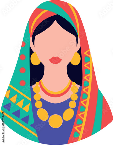 Colorful Indian Woman Portrait Vector, Traditional Ethnic Jewelry, Festive Cultural Illustration